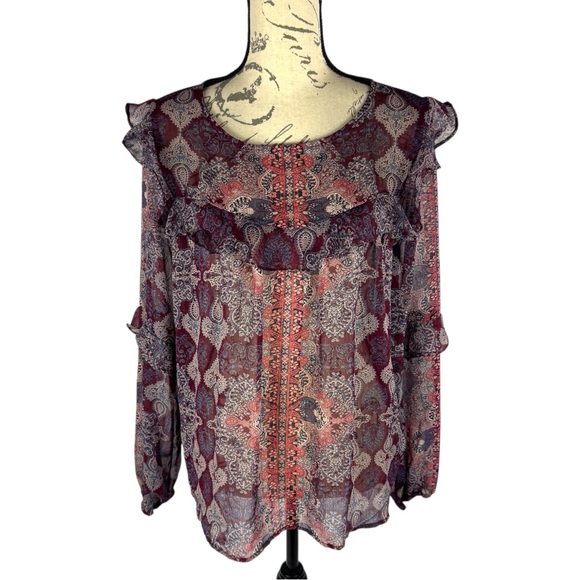Knox Rose Tops - Knox Rose Womens Floral Paisley Flowy Long Sleeve Blouse